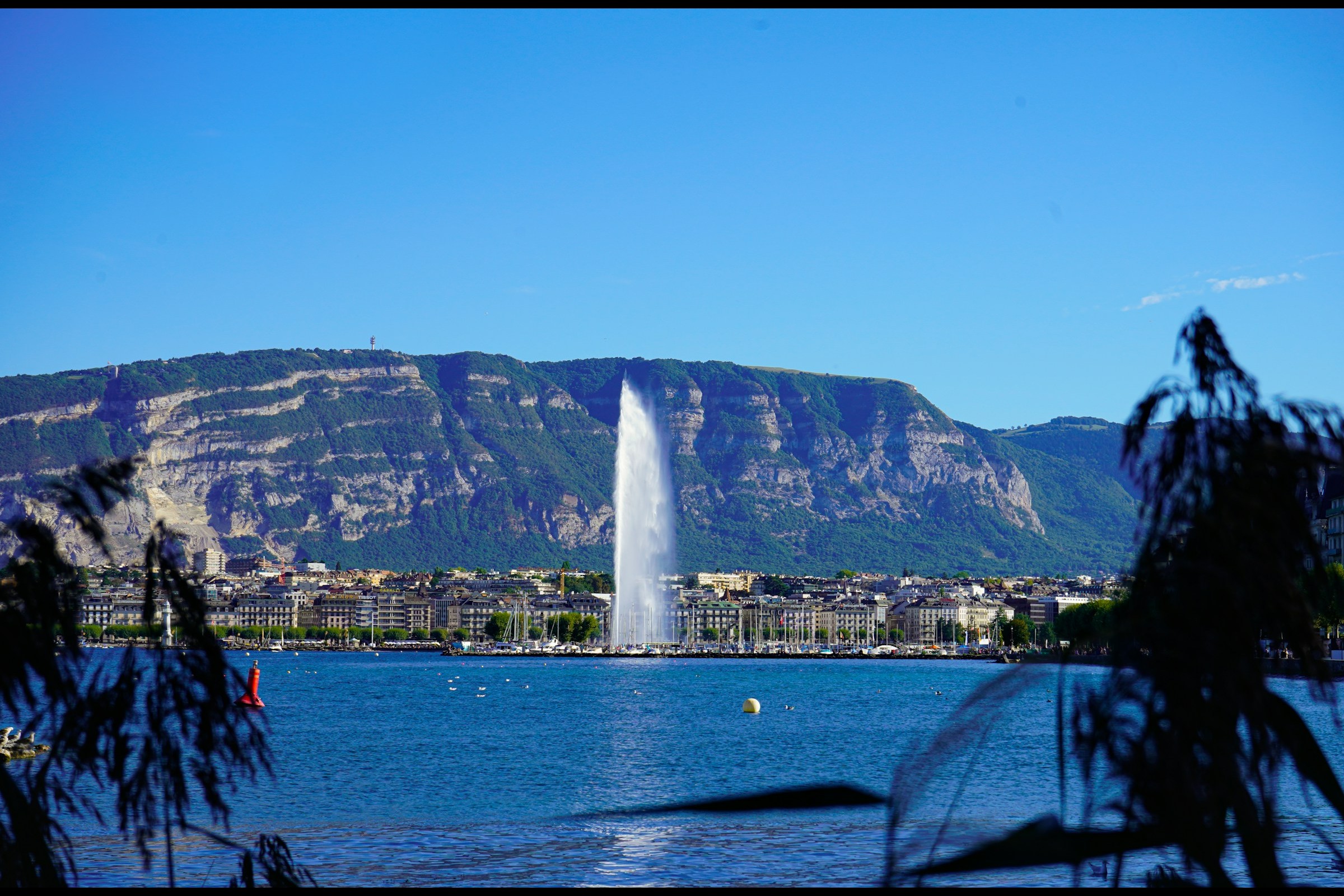 Le Jet d'Eau de Genève sur le lac Léman, avec le Salève et les quais en arrière-plan